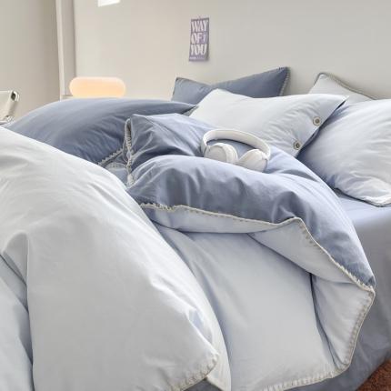 91家纺网 家纺一手货源 找家纺 蜜柚 2024新款A类全棉40支纯色纽扣款水洗棉四件套 海盐兰