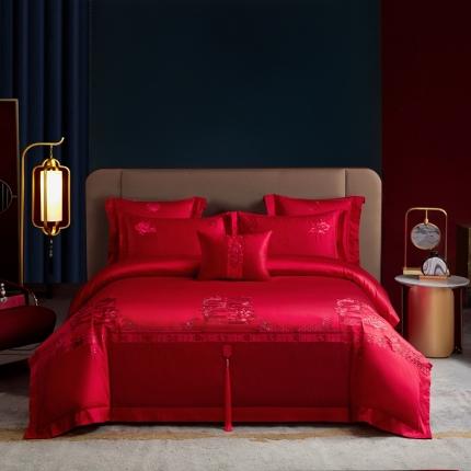 91家纺网 家纺一手货源 找家纺 高大尚 2023新款40s全棉刺绣婚庆套件系列-连年有余