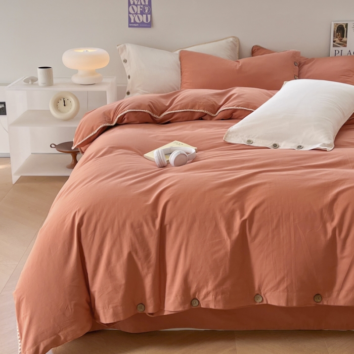 91家纺网 家纺一手货源 找家纺 蜜柚 2024新款A类全棉40支纯色纽扣款水洗棉四件套 爱马仕橙