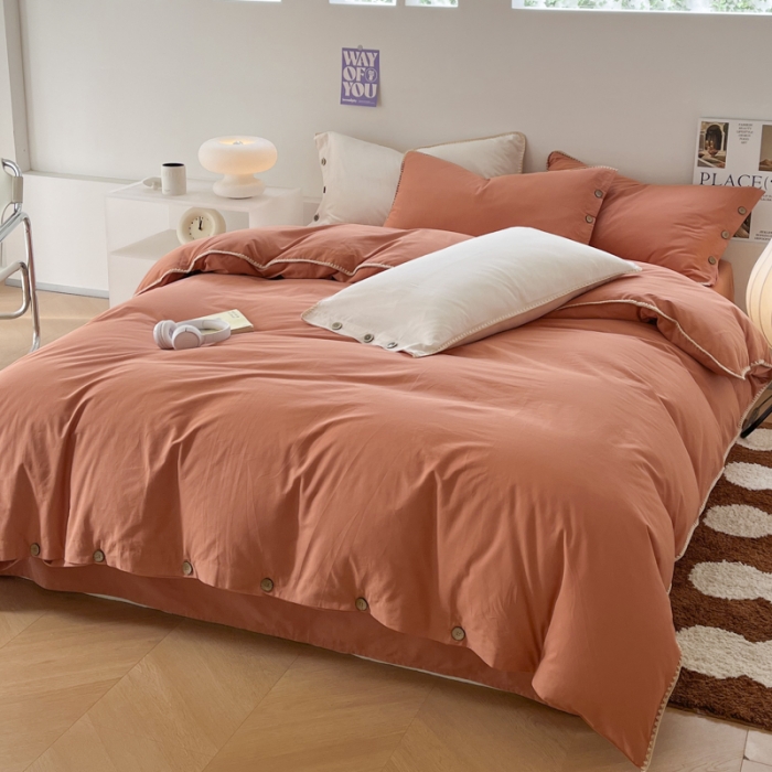 91家纺网 家纺一手货源 找家纺 蜜柚 2024新款A类全棉40支纯色纽扣款水洗棉四件套 爱马仕橙