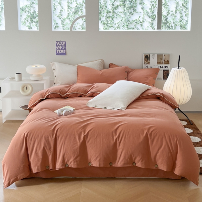 91家纺网 家纺一手货源 找家纺 蜜柚 2024新款A类全棉40支纯色纽扣款水洗棉四件套 爱马仕橙