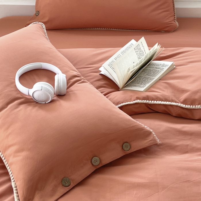 91家纺网 家纺一手货源 找家纺 蜜柚 2024新款A类全棉40支纯色纽扣款水洗棉四件套 爱马仕橙