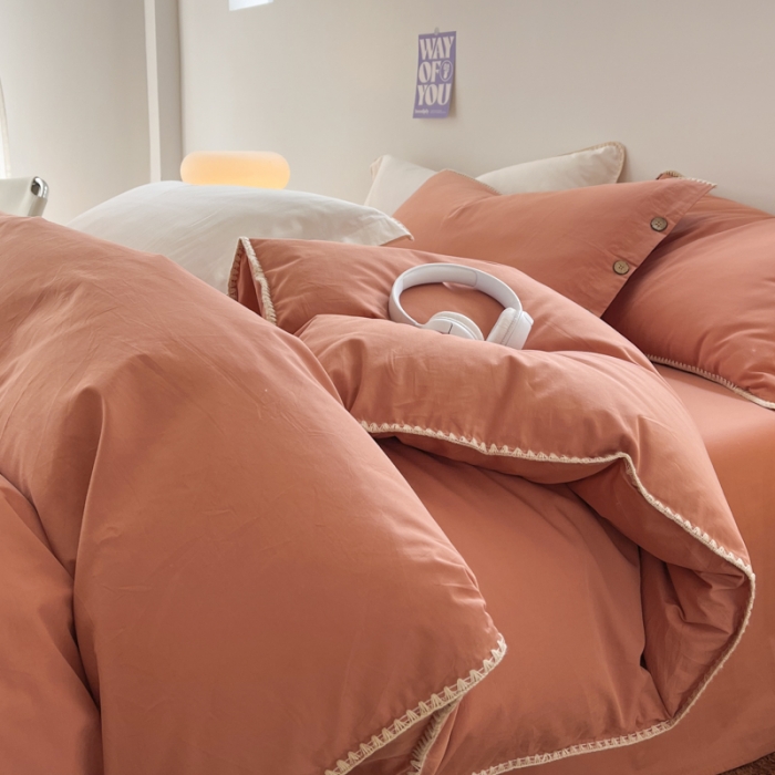 91家纺网 家纺一手货源 找家纺 蜜柚 2024新款A类全棉40支纯色纽扣款水洗棉四件套 爱马仕橙