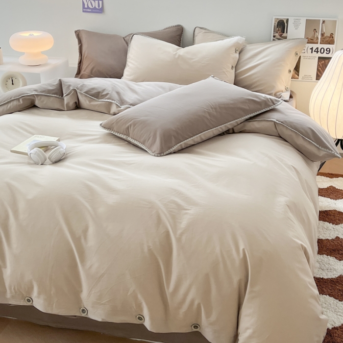 91家纺网 家纺一手货源 找家纺 蜜柚 2024新款A类全棉40支纯色纽扣款水洗棉四件套 班尼咖