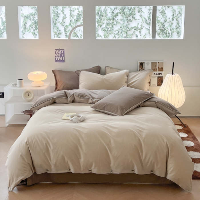 91家纺网 家纺一手货源 找家纺 蜜柚 2024新款A类全棉40支纯色纽扣款水洗棉四件套 班尼咖