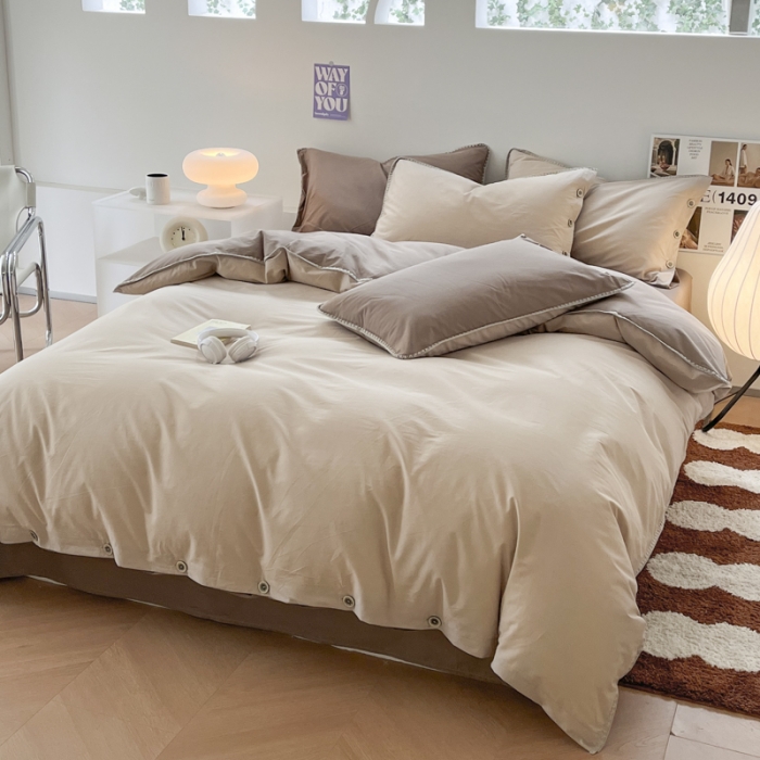 91家纺网 家纺一手货源 找家纺 蜜柚 2024新款A类全棉40支纯色纽扣款水洗棉四件套 班尼咖