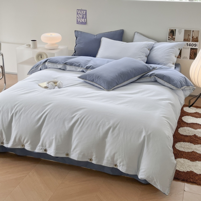 91家纺网 家纺一手货源 找家纺 蜜柚 2024新款A类全棉40支纯色纽扣款水洗棉四件套 海盐兰