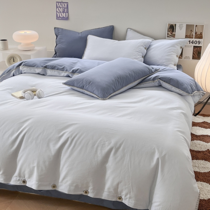 91家纺网 家纺一手货源 找家纺 蜜柚 2024新款A类全棉40支纯色纽扣款水洗棉四件套 海盐兰