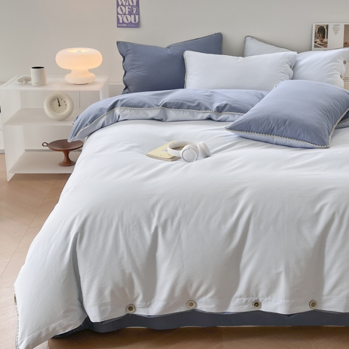 91家纺网 家纺一手货源 找家纺 蜜柚 2024新款A类全棉40支纯色纽扣款水洗棉四件套 海盐兰