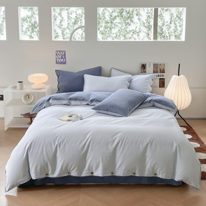 91家纺网 家纺一手货源 找家纺 蜜柚 2024新款A类全棉40支纯色纽扣款水洗棉四件套 海盐兰