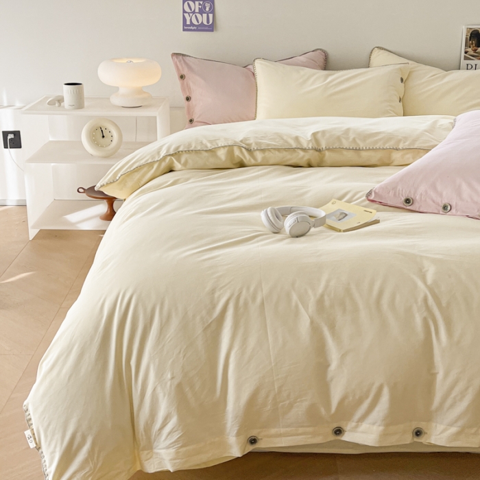 91家纺网 家纺一手货源 找家纺 蜜柚 2024新款A类全棉40支纯色纽扣款水洗棉四件套 奶昔白