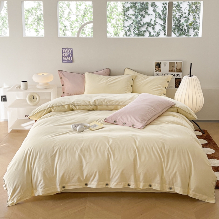 91家纺网 家纺一手货源 找家纺 蜜柚 2024新款A类全棉40支纯色纽扣款水洗棉四件套 奶昔白