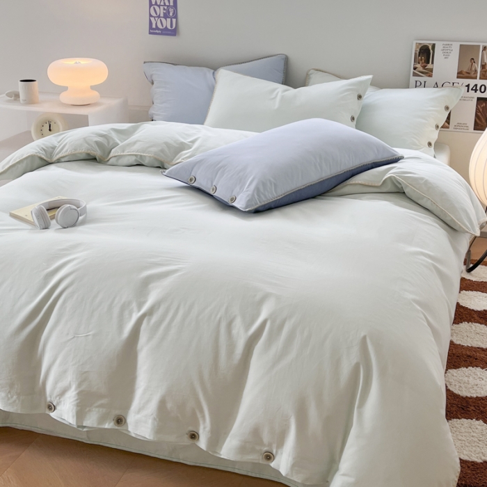 91家纺网 家纺一手货源 找家纺 蜜柚 2024新款A类全棉40支纯色纽扣款水洗棉四件套 水森林