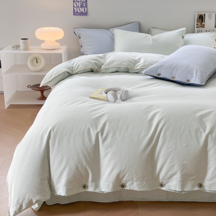 91家纺网 家纺一手货源 找家纺 蜜柚 2024新款A类全棉40支纯色纽扣款水洗棉四件套 水森林