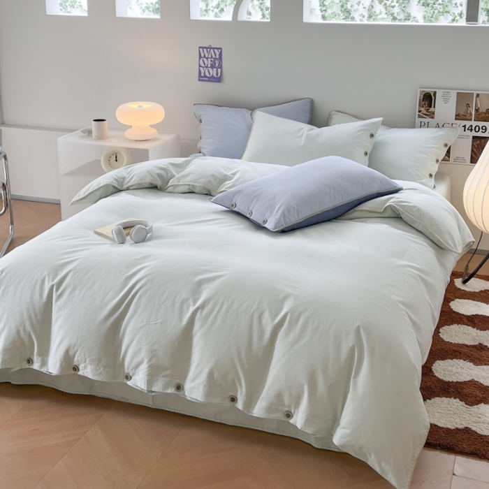 91家纺网 家纺一手货源 找家纺 蜜柚 2024新款A类全棉40支纯色纽扣款水洗棉四件套 水森林