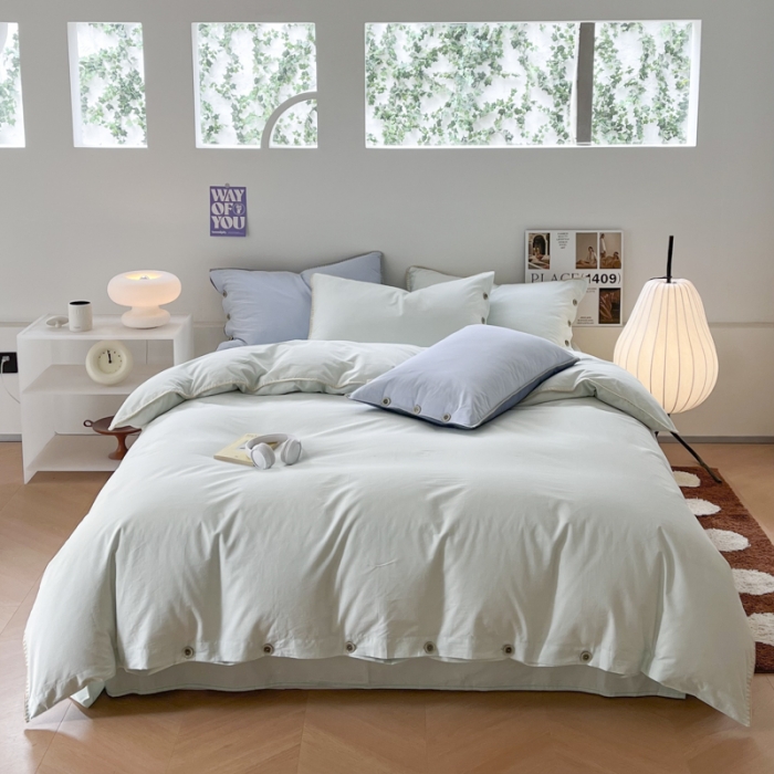 91家纺网 家纺一手货源 找家纺 蜜柚 2024新款A类全棉40支纯色纽扣款水洗棉四件套 水森林