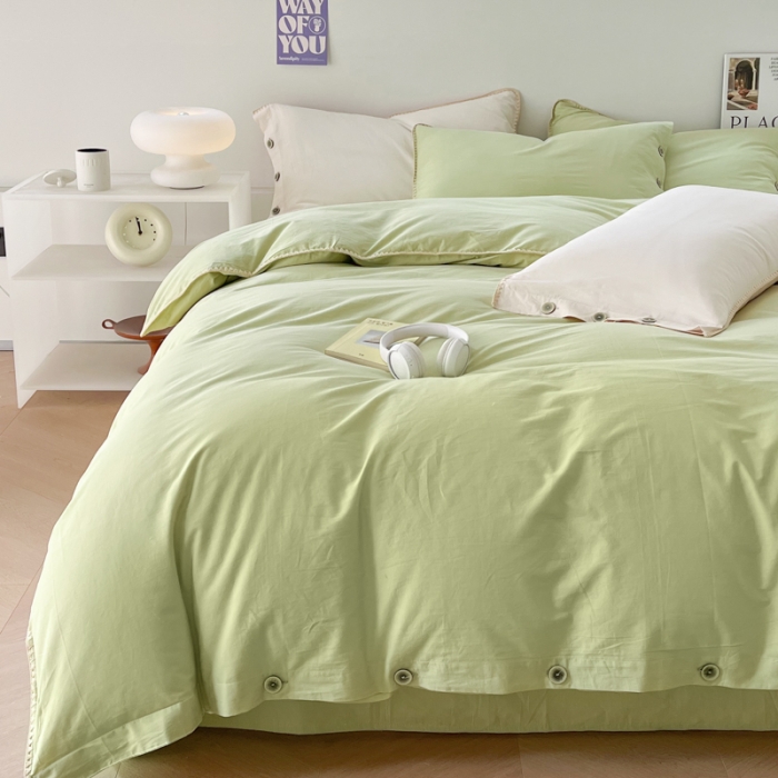 91家纺网 家纺一手货源 找家纺 蜜柚 2024新款A类全棉40支纯色纽扣款水洗棉四件套 豌豆绿