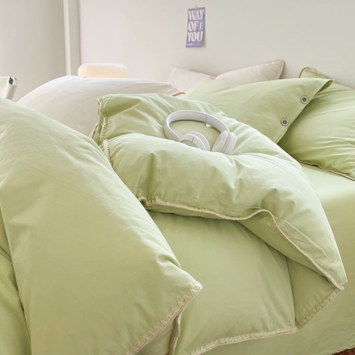91家纺网 家纺一手货源 找家纺 蜜柚 2024新款A类全棉40支纯色纽扣款水洗棉四件套 豌豆绿