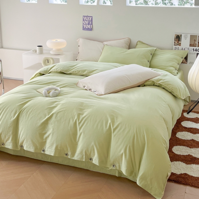 91家纺网 家纺一手货源 找家纺 蜜柚 2024新款A类全棉40支纯色纽扣款水洗棉四件套 豌豆绿
