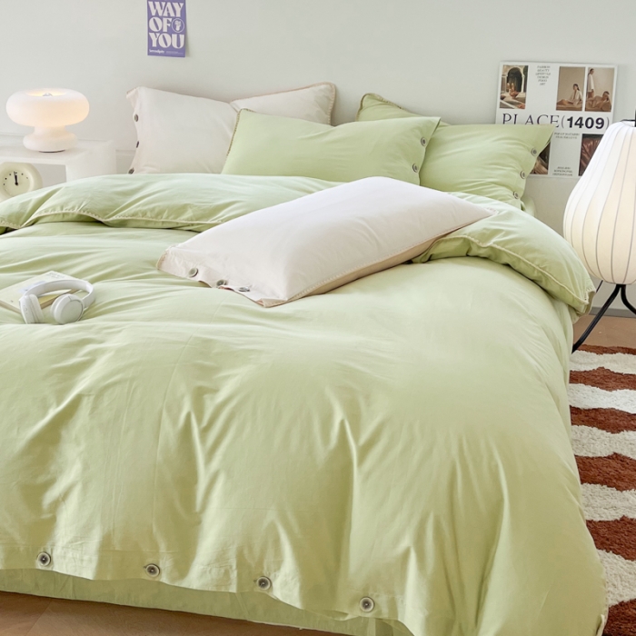 91家纺网 家纺一手货源 找家纺 蜜柚 2024新款A类全棉40支纯色纽扣款水洗棉四件套 豌豆绿