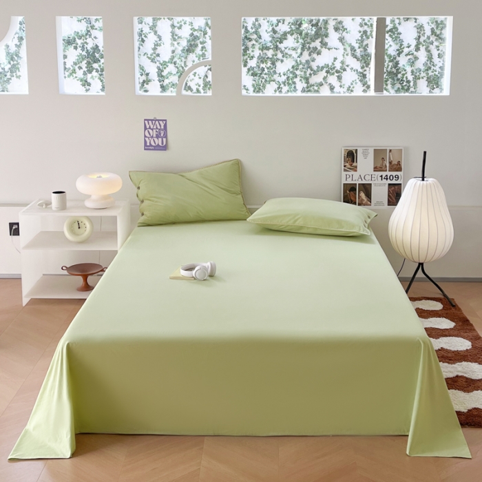 91家纺网 家纺一手货源 找家纺 蜜柚 2024新款A类全棉40支纯色纽扣款水洗棉四件套 豌豆绿