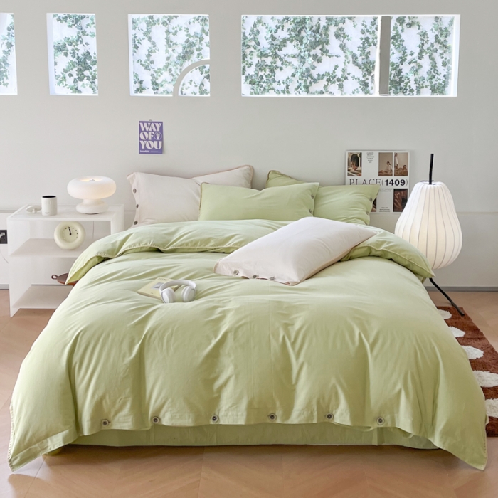 91家纺网 家纺一手货源 找家纺 蜜柚 2024新款A类全棉40支纯色纽扣款水洗棉四件套 豌豆绿