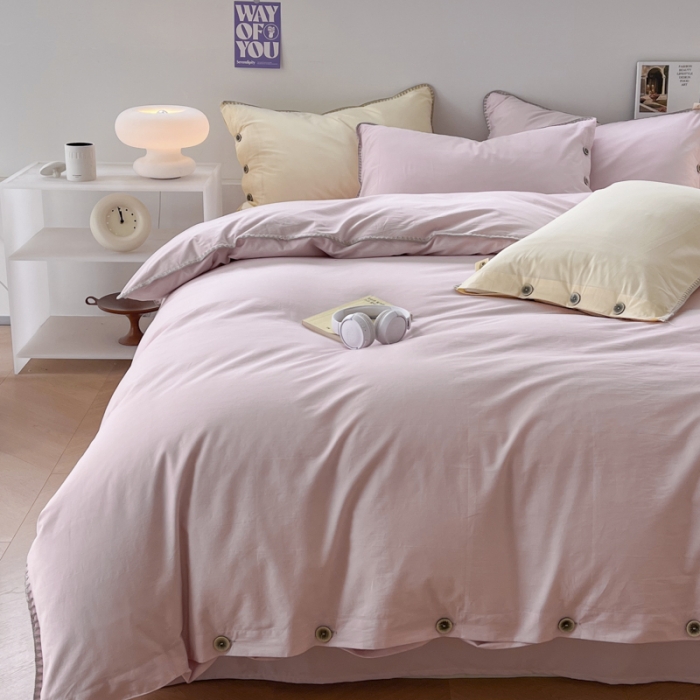 91家纺网 家纺一手货源 找家纺 蜜柚 2024新款A类全棉40支纯色纽扣款水洗棉四件套 夏日粉