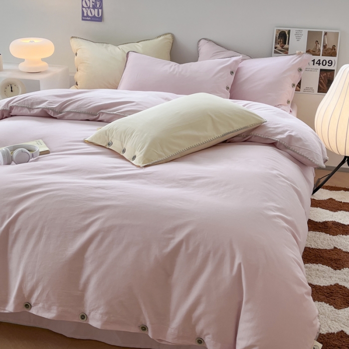 91家纺网 家纺一手货源 找家纺 蜜柚 2024新款A类全棉40支纯色纽扣款水洗棉四件套 夏日粉