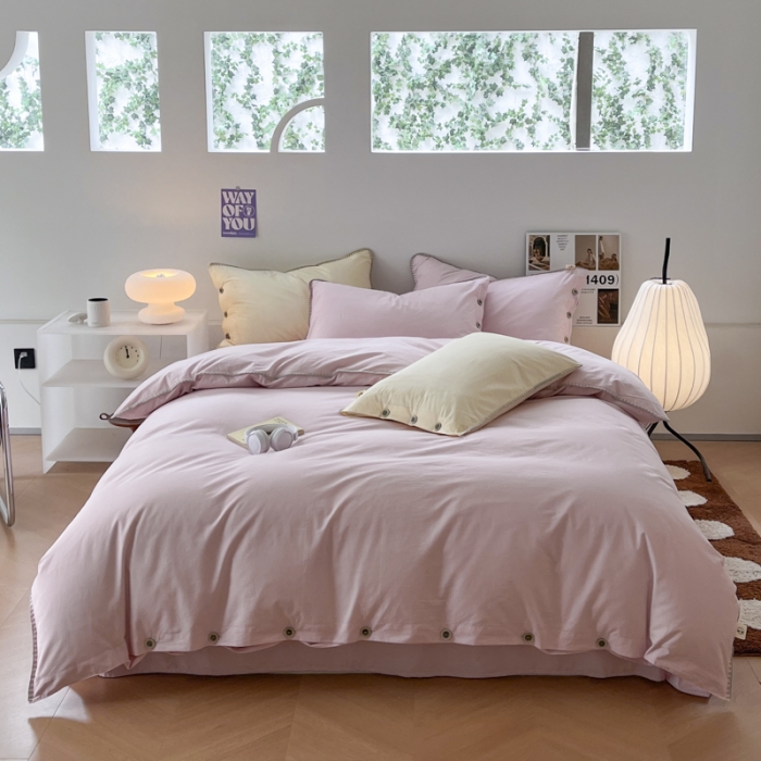 91家纺网 家纺一手货源 找家纺 蜜柚 2024新款A类全棉40支纯色纽扣款水洗棉四件套 夏日粉