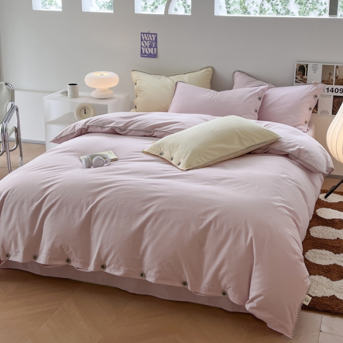 91家纺网 家纺一手货源 找家纺 蜜柚 2024新款A类全棉40支纯色纽扣款水洗棉四件套 夏日粉