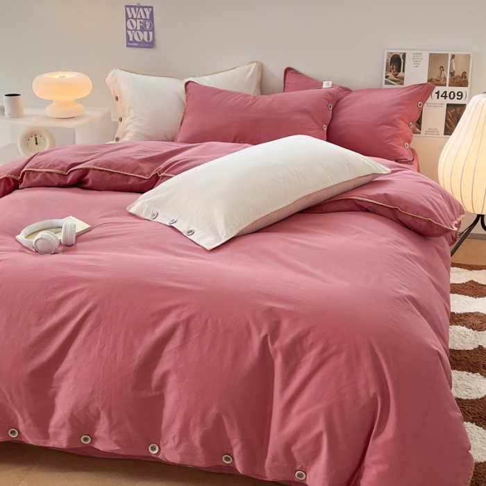 91家纺网 家纺一手货源 找家纺 蜜柚 2024新款A类全棉40支纯色纽扣款水洗棉四件套 中国红