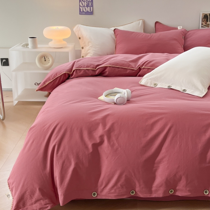 91家纺网 家纺一手货源 找家纺 蜜柚 2024新款A类全棉40支纯色纽扣款水洗棉四件套 中国红