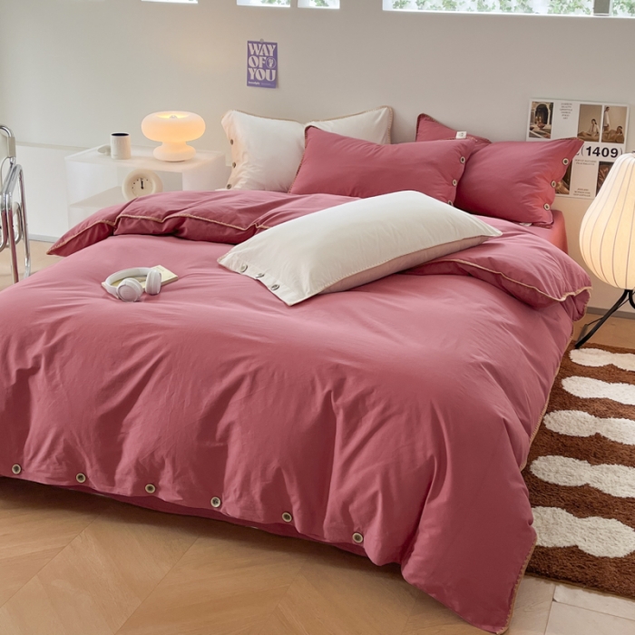 91家纺网 家纺一手货源 找家纺 蜜柚 2024新款A类全棉40支纯色纽扣款水洗棉四件套 中国红