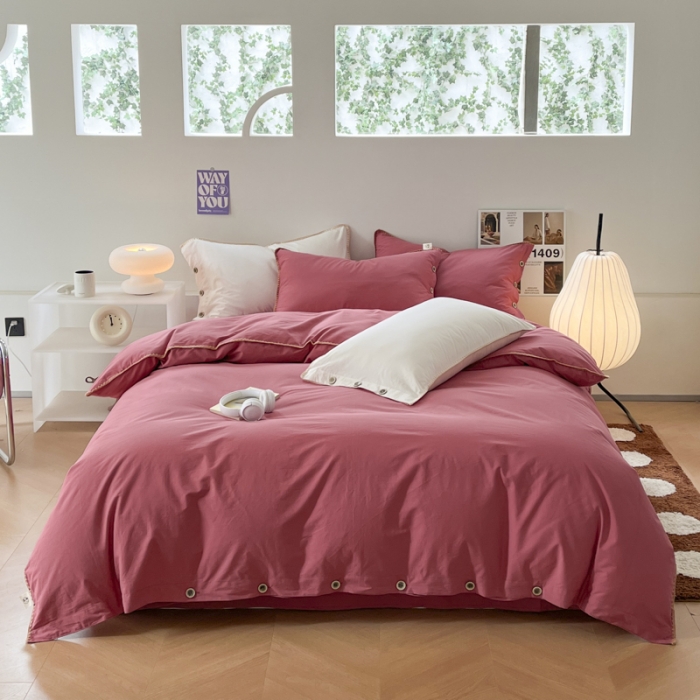 91家纺网 家纺一手货源 找家纺 蜜柚 2024新款A类全棉40支纯色纽扣款水洗棉四件套 中国红