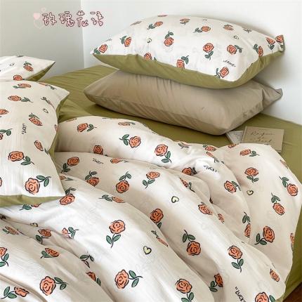 91家纺网 家纺一手货源 找家纺 顾里 2023新款针织棉双层纱四件套 玫瑰花语