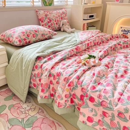 91家纺网 家纺一手货源 找家纺 瑞莱 2024新款13372全棉夏被四件套 夏被-红色郁金香