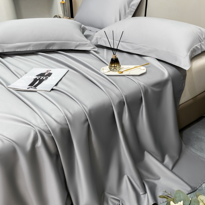 91家纺网 家纺一手货源 找家纺 轻奢高档50支贡缎长绒棉床单单件纯棉全棉纯色被单三件套-莫奈-典雅灰