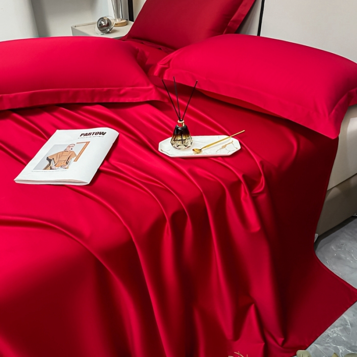 91家纺网 家纺一手货源 找家纺 轻奢高档50支贡缎长绒棉床单单件纯棉全棉纯色被单三件套-莫奈-海棠红