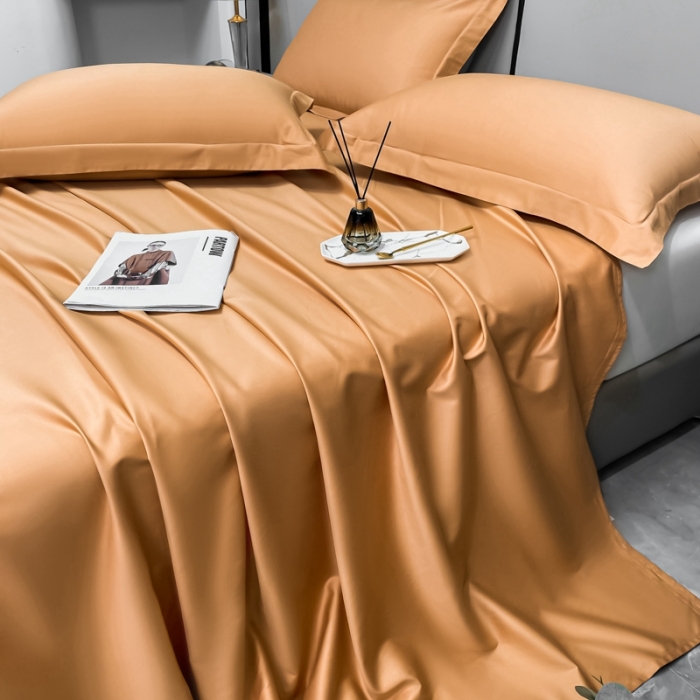 91家纺网 家纺一手货源 找家纺 轻奢高档50支贡缎长绒棉床单单件纯棉全棉纯色被单三件套-莫奈-南瓜橘