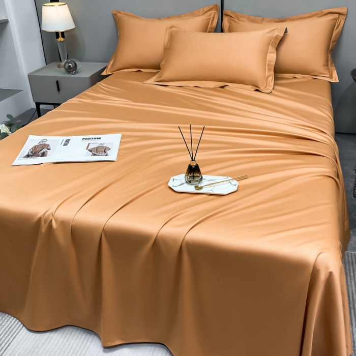 91家纺网 家纺一手货源 找家纺 轻奢高档50支贡缎长绒棉床单单件纯棉全棉纯色被单三件套-莫奈-南瓜橘