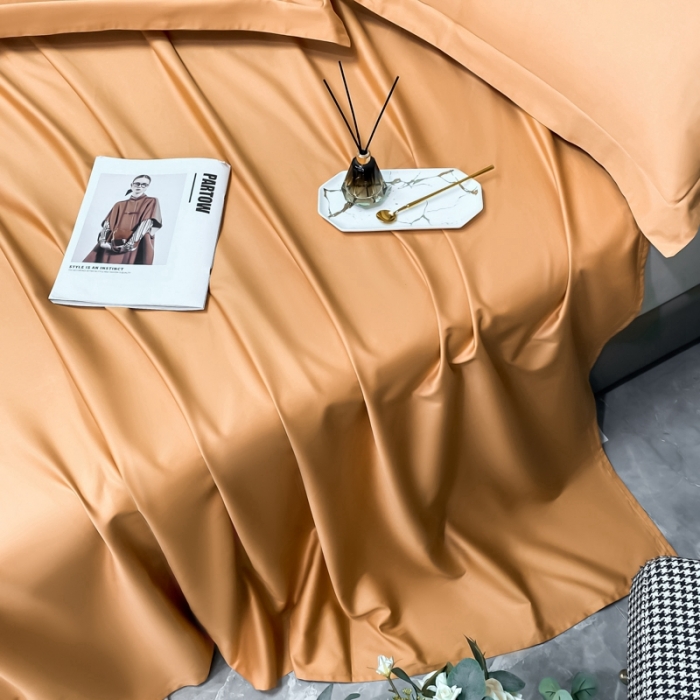 91家纺网 家纺一手货源 找家纺 轻奢高档50支贡缎长绒棉床单单件纯棉全棉纯色被单三件套-莫奈-南瓜橘