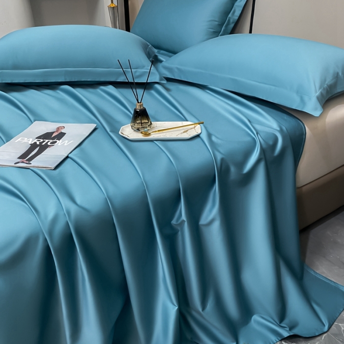 91家纺网 家纺一手货源 找家纺 轻奢高档50支贡缎长绒棉床单单件纯棉全棉纯色被单三件套-莫奈-雾霾蓝