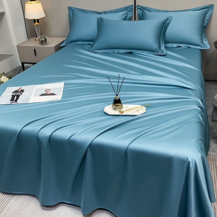 91家纺网 家纺一手货源 找家纺 轻奢高档50支贡缎长绒棉床单单件纯棉全棉纯色被单三件套-莫奈-雾霾蓝