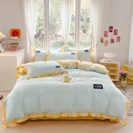 91家纺网 家纺一手货源 找家纺 金米诺 新款韩版花边水洗棉泡泡纱四件套公主条四件套 褶皱-浅绿