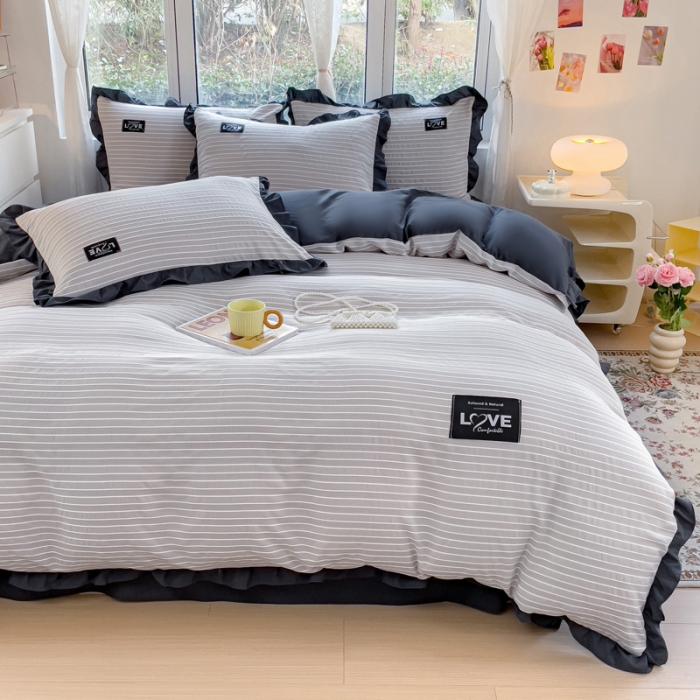 91家纺网 家纺一手货源 找家纺 金米诺 新款韩版花边水洗棉泡泡纱四件套公主条四件套 条纹-浅灰