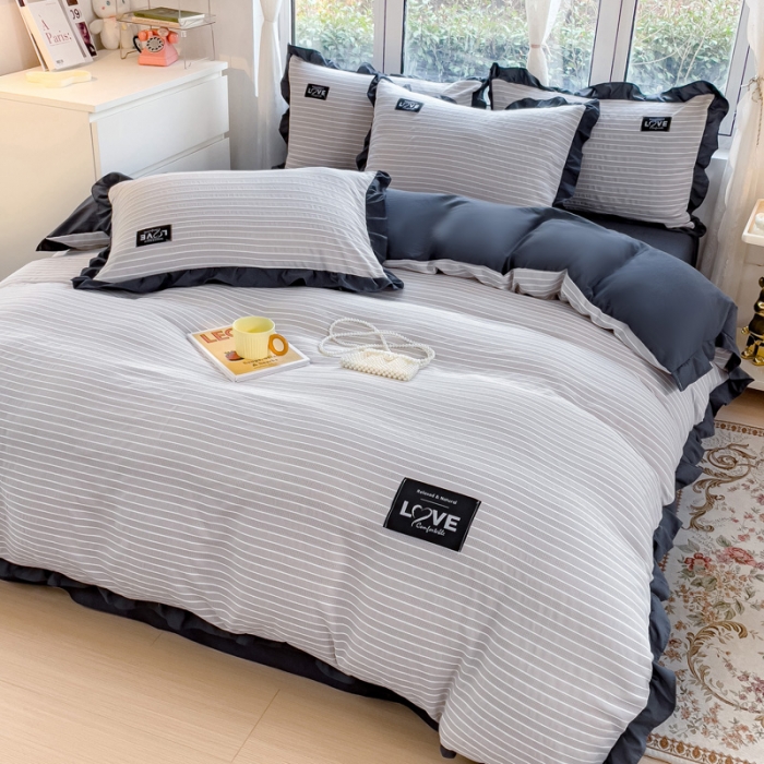 91家纺网 家纺一手货源 找家纺 金米诺 新款韩版花边水洗棉泡泡纱四件套公主条四件套 条纹-浅灰