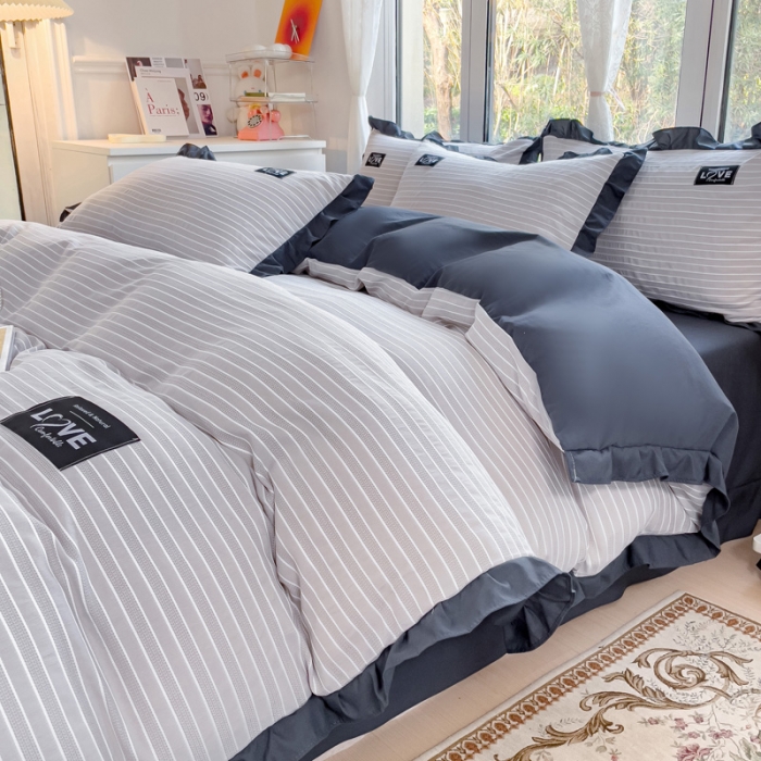 91家纺网 家纺一手货源 找家纺 金米诺 新款韩版花边水洗棉泡泡纱四件套公主条四件套 条纹-浅灰