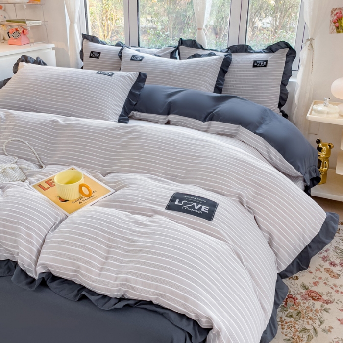 91家纺网 家纺一手货源 找家纺 金米诺 新款韩版花边水洗棉泡泡纱四件套公主条四件套 条纹-浅灰