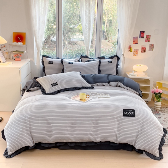 91家纺网 家纺一手货源 找家纺 金米诺 新款韩版花边水洗棉泡泡纱四件套公主条四件套 条纹-浅灰