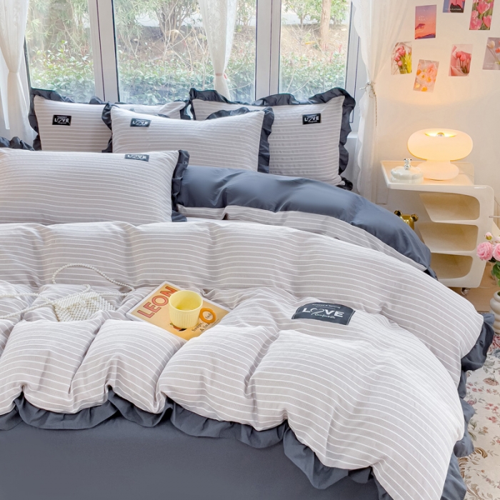 91家纺网 家纺一手货源 找家纺 金米诺 新款韩版花边水洗棉泡泡纱四件套公主条四件套 条纹-浅灰